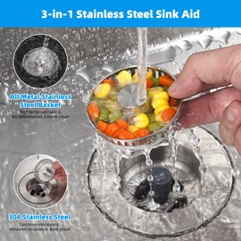 Hibbent All Metal Stainless Steel 3 in 1 Kitchen Sink Drain Strainer and Stopper Combo, Upgraded Sink Stopper, 3 Anti-Clogging Stainless Steel Basket Strainer with Handle for US Standard 3-1/2" Drain