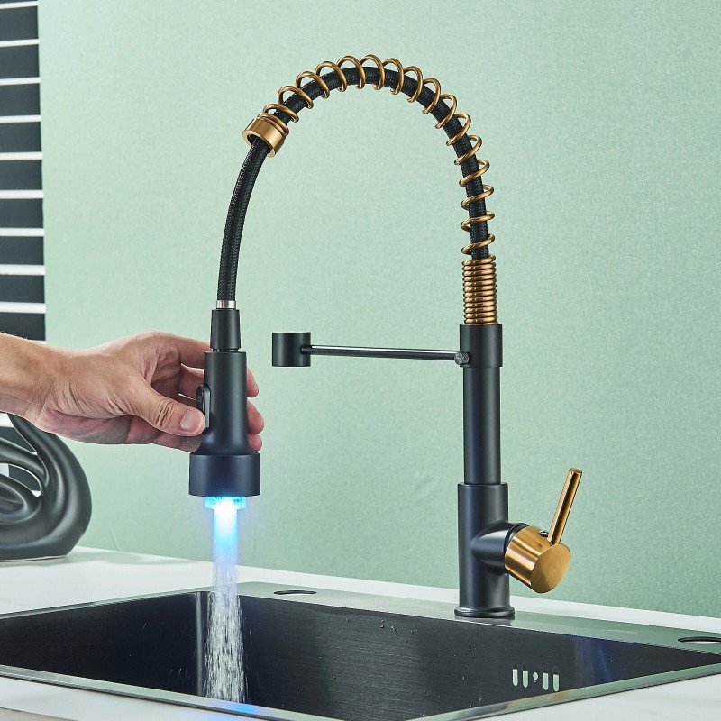 MVMHOME Black and Gold LED Kitchen Faucet with Pull Down