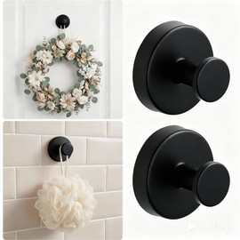 BAIIKO Suction Cup Wreath Hangers for Front Door Glass, Heavy Duty Vacuum Holder with Extended Hook, Washable Reusable Towel Hooks for Bathroom Shower, Black 2 Pack Stainless Steel