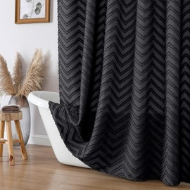 OVZME Small Stall Boho Shower Curtain for Bathroom, Black Half Size Textured Tufted Chevron Striped Cloth, Modern Minimalist Protect Privacy Bathroom Shower Curtain, 36Wx72L Inches