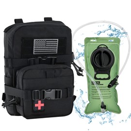 Tactical Mini Molle Hydration Pack,Molle Hydration Carrier with IFAK Pouch&US Flag&Med Patch,Hydropack for 2L Water Bladder (BK+Bladder)