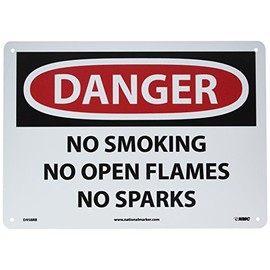 NMC D458RB OSHA Sign, Legend "DANGER - NO SMOKING NO OPEN FLAMES NO SPARKS", 14" Length x 10" Height, Rigid Plastic, Black/Red on White, 10 x 14