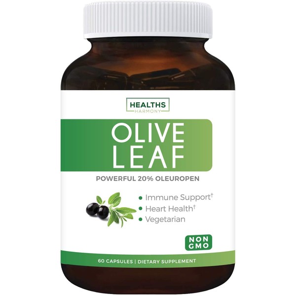 Olive Leaf Extract (Non-GMO) Super Strength: 20% Oleuropein - 750mg - Vegetarian - Immune Support, Cardiovascular Health & Antioxidant Supplement - No Oil - 60 Capsules