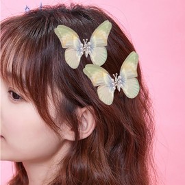 Butterfly Hair Clips Fine Glitter 3D Colorful Gradual Change Cute Spring Wing Butterfly Hairpin with Pearl Organza Barrettes Moving Hair Accessory for Girls Teens Women (Yellow Green)