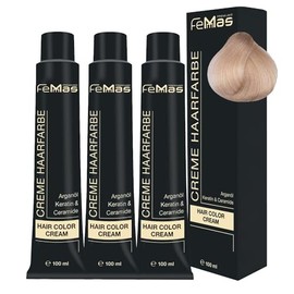 FemMas Haarfarbe 3x Hell Lichtblond 10 I Professionelle Creme Haarfarbe mit Arganöl, Keratin & Ceramiden I Als dauerhafte Haarfärbung oder Tönung für strahlende, haltbare Farbergebnisse I 100 ml