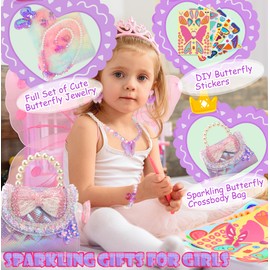 LSSAGOON Girls' Handbag, Adjustable Small Shoulder Bag, Purse with Dress Jewellery Set, Children's Crossbody Bag, Birthday Gift, Easter Gifts, Christmas Gifts for Girls, Butterfly/Purple