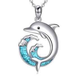URONE Dolphin Necklace 925 Sterling Silver Turquoise Wave Pendant Ocean Jewelry Gifts for Women Men