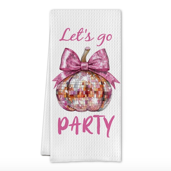 SereneHanctuary Fall Disco Pumpkin Kitchen Towels, Coquette Pink Bow Pumpkin