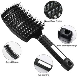 Xrten Hair Brush,Boar Bristle Paddle Hairbrush,Curved Vented Hair Comb for Women Wet/Dry Hair Smoothing Massaging Detangling,Blow Drying,Styling,Curling and Straightening(Black)