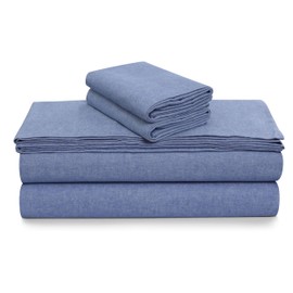 Tribeca Living Yarn Dyed 100% Cotton Queen Flannel Bed Sheet Set, Velvety Soft Portuguese Flannel Sheets, Extra Deep Pocket 4-Piece Bedding Set, 180-GSM Cozy Flannel, Heather Moonlight Blue