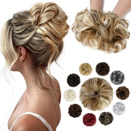 Soulwigger Messy Bun Hair Piece Wavy Curly Scrunchies Fluffy Donut Thick Updo Elegant Chignon Hairpieces for Women Girls, Ginger Brown Mix Bleach Blonde 1.4oz