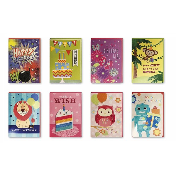 Assorted 8 Pack Handmade Embellished Birthday Greeting Cards Boxed Set of 8 Designs for Kids, Boys & Girls. Assortment Deisgn of Cake, Robot, Monkey, Butterfly, Owl, Lion
