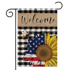 LHSION Summer Sunflower Patriotic Garden Flag 12.5 × 18 Inch 4th of July Buffalo Plaid Double Sided Burlap Flag for Seasonal Anniversary Decor