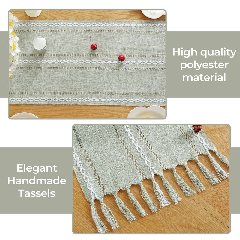 1 Green Table Runner, Linen Table Runner, Hollow Tassel Table