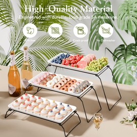 Extra Large 3-Tier Melamine Serving Tray Set, 17"x8.7" Platters with 3 Collapsible Metal Stand Display for Cupcakes, Serving Food, Dessert, Fruit, for Party Buffet Entertaining, Black