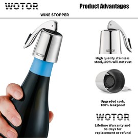 WOTOR Wine Stoppers Stainless Steel Wine Bottle stopper Plug with Silicone Reusable Wine Saver Leak proof Keep Fresh Silver 6 pack