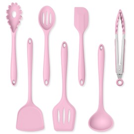 Herogo Silicone Cooking Utensils Set, 7-Piece Kitchen Utensils Set, Heat Resistant Cooking Gadget Tools Slotted Turner, Spoon, Soup Ladle, Pasta Server, Spatula, Tongs for Nonstick Cookware, Pink