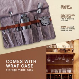 GooD ELEMENT, 8-Piece Set, Cocktail Shaker Sets, with Cloth Bag, Home Bar Accessories, Bartender Set, Cocktail Set Gift, Shaker Stainless Steel Cocktail (Black Hardware - Grey Wrapped Case)
