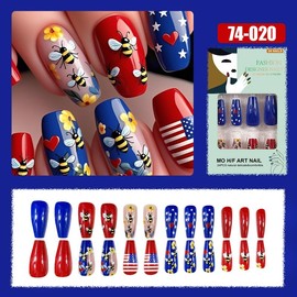 24Pcs Independence Day Press on Nails Medium Coffin Fake Nails Blue Red Heart Patriotic False Nails Cute Bee Summer Acrylic Nails Full Cover Glue on Nails for Women 4th of July