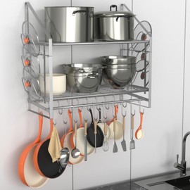 VyGrow 28 Inch Pot Rack Wall Mounted, 2 Tier Pots and Pans Organizer with 20 Hooks and 6 Pot Lid Holders, Heavy Duty Steel Pot and Pan Hanger for Kitchen Cookware Utensils Storage, Silver