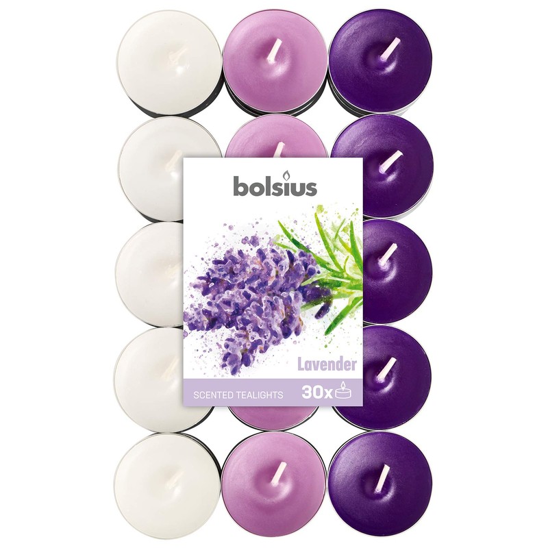 Bolsius Tealights Lavender Scented Multi Coloured 4hr Pack 30, Wax,