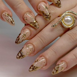Gold French Tip Press on Nails Short Almond Fake Nails with 3D Gold Irregularity Chrome Design Gold French Line False Nails Full Cover Glue on Nails Glossy Artificial Nails for Women Girl Nail Decor
