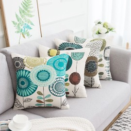 Sunflower Cushion Covers, 40 x 40 cm, Blue Flower, Decorative Cushion Covers, Set of 4, Linen Sofa Cushion Covers, Suitable for Living Room, Bedroom, Garden, Sofa, Couch Cushion Decoration