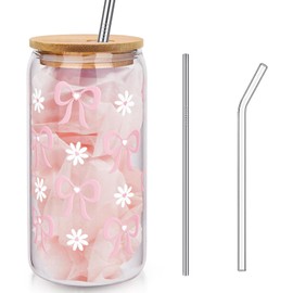Hebterrka Aesthetic Clean Girl Drinking Glass with Lid and Straw, Glass with Pink Bow, Includes Glass Straw, Iron Straw and Cleaning Brush