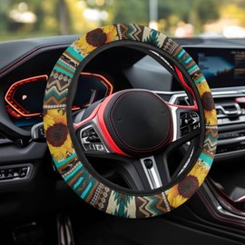 Dreaweet Sunflower Aztec Steering Wheel Cover Women Fluffy Green Warm Plush Soft Fuzzy Car Steering Wheel Covers for Winter 14-15 inch Universal for Vehicle,Sedan