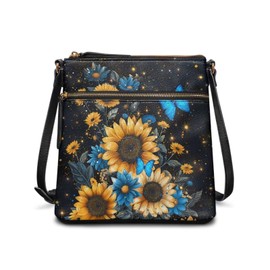 chaqlin Butterfly Print Crossbody Bags for Women Large Travel Bags Leather Shoulder Handbag Blossom Sunflower Print Crossbody Purse Leather Sling Tote Bags