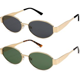 Retro Oval Sunglasses for Women Men Trendy Gold Metal Frame Shades Vintage Fashion Sun Glasses UV400 Protection 8071 Grey+G15