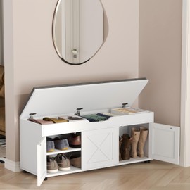 Akxomel Shoe Bench with Lift-Top Storage, 3 Barn Doors Entryway Bench with Cushion, 300lbs Capacity, Farmhouse Hidden Shoe Cabinet Bench, Adjustable Shelf, End of Bed, for Bedroom, Living Room, White