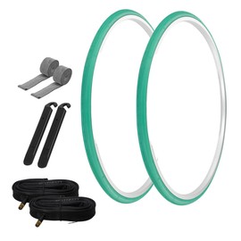 PRO+ Pair of Bike Bicycle TIRE 700 X 25 Green/Green SIDEWALL (2) Tires W/Tubes 33MM Schrader Valve, Rim Strips & TIRE LEVERS P-1035