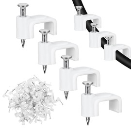 JIEYAO Pack of 100 Flat Cable Clamps Nail Clamps Cable Clamps with Steel Nail 10 mm Cable Holder Wall Cable Fixings Cable Clamp White Cable Clips Cable Management for Flat Cable