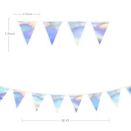 32Ft Iridescent Fabric Triangle Banner Flag Double Sided Metallic Holographic Pennant Bunting Garland for Christmas Birthday Anniversary Engagement Wedding Bridal Baby Shower Hen Party Decorations