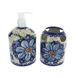 Blue Rose Polish Pottery Daisy Surprise Soap Dispenser & Toothbrush Holder