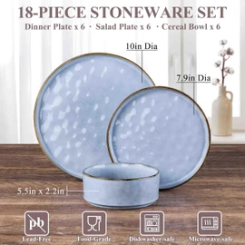 Herogo 18 Pieces Dishes Sets for 6, Stoneware Dinnerware Dishwasher & Microwave Safe, Ceramic Plates and Bowls Sets for Kitchen Restaurant, Haze Blue