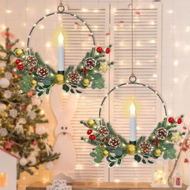 Weldomcor 2Pack Christmas Wreath with LED Taper Candle Lights Pine Cones Berries, Artificial Plant Hoop Wreath Winter Xmas Decorations for Front Door Window Fireplace Home Wall Hanging Holiday Party