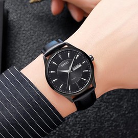 SKMEI Men Watches Black Leather Fashion Business Dress Classic Casual Simple Light Analog Waterproof Day Date Calendar Dad Fathers Gifts Silver Wrist Watch