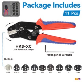 HKS Ratcheting Crimping Tool Set 11 PCS with Changeable Jaws for Dupont JST MOLEX - Open Barrel Terminals, Insulated & Non-Insulated Ferrules, Terminals & Butt Connectors,Solar & Coax Connectors