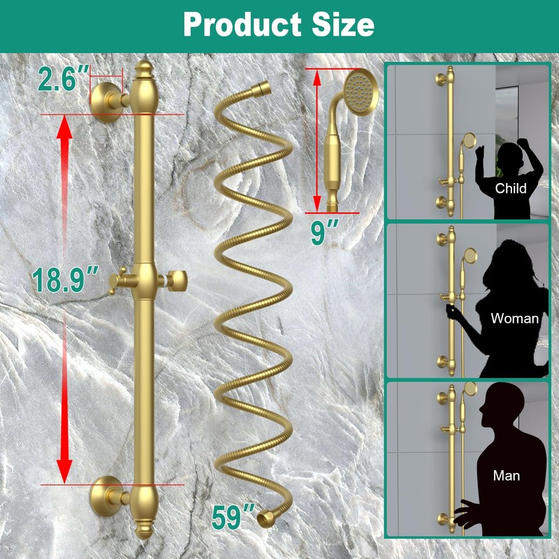 Brass Shower Slide Bar with Handheld Shower Head, Adjustable Height