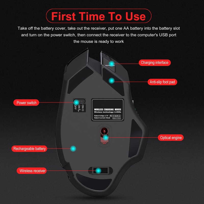 HXSJ Wireless Mouse 2.4G Rechargeable Gaming Backlit PC Laptop Desktop