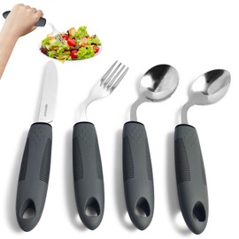 4 Pcs Adaptive Utensils, 45° Angled Built Up Utensils for Elderly, Hand Tremors, Arthritis, Parkinson's Utensils, Weighted Easy Grip Eating Silverware with Non-Slip Handles (Left-Handed)