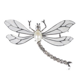 Alilang Womens Silvery Tone Faux Pearl Clear Rhinestones White Dragonfly Brooch Pin
