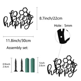 CREATCABIN Bee Happy Metal Wall Art Decor Wall Sculpture Hanging Decoration Sign Iron Outline Wall Art Black Rustic Decor Ornament Wall for Garden Indoor Outside Living Room Home Office 12 x 8.7Inch