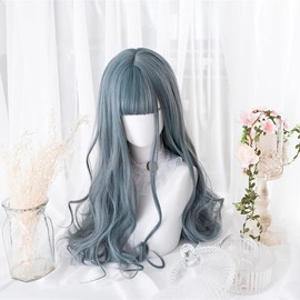 Eileen Long Curly Blue Wig, Perm, Full Wig, Natural Texture, Curly Hair, Princess Hair, Fluffy, Heat Resistant, Wig, Wind Chasing Girl, Small Face, Cute