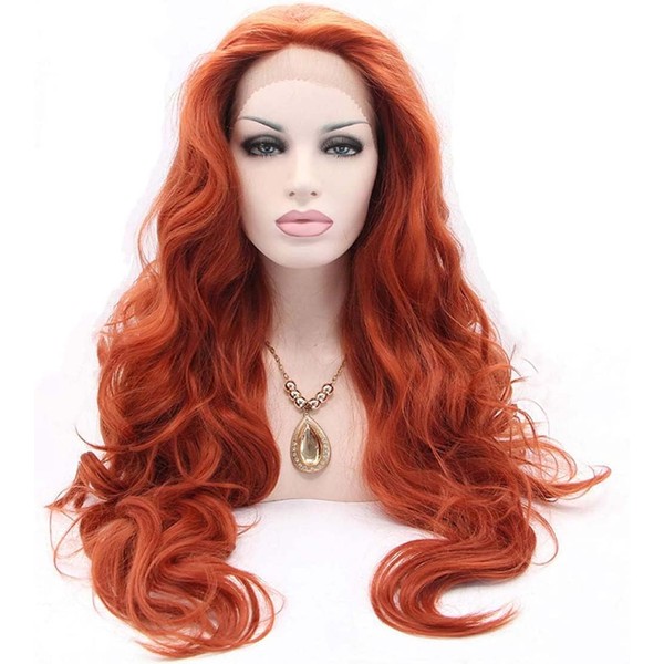 Melody Copper Red Wigs Body Wave Wigs360# Color Synthetic Ginger Lace Front Wigs for Women 180% Density Half Hand Tied Heat Resistant Fiber Hair Dating Cosplay Gift 24 inch