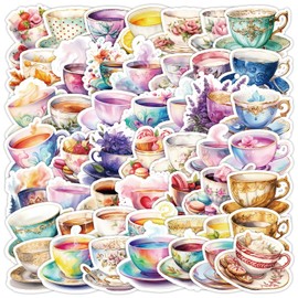 50 Pcs Watercolor Teacup Vinyl Stickers,Teacup Graffiti Stickers,Vinyl Waterproof Sticker for Kids Teens Girls,for Phone Laptop Bottles Skateboard Computer Phone Luggage Guitar Gifts Sticker