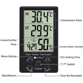 Neoteck Thermometer/Hygrometer, Accuracy ± 1 °C, Sensor, LCD Digital, Indoor and Outdoor Temperature, Indoor Humidity, Thermometer, Hygrometer, Can Be Used on Place, Temperature and Humidity