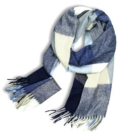 Glamexx24 Scarf Women's Winter Checked Fashion: Women's Winter Scarf, Knitted Set Scarf, Oversized Square Blanket Scarf, Blanket Scarf, Striped Pattern, Fringe Poncho, Light blue, dark blue, cream